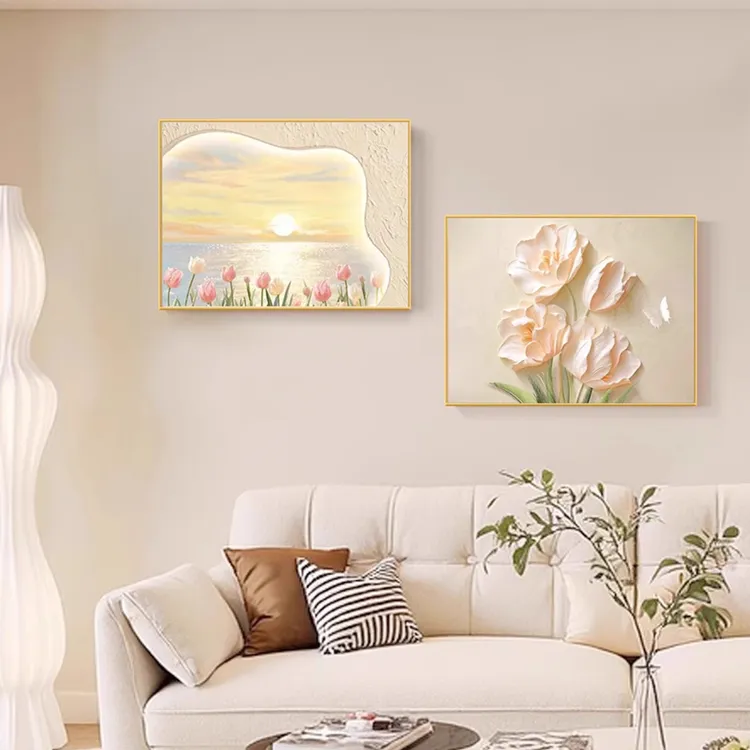 奶油风花卉餐厅挂画客厅卧室横版向日葵装饰画餐桌墙简约大气壁画