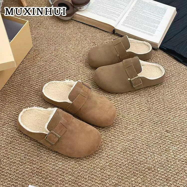 【品牌】厚底内增高加绒勃肯鞋包头半拖鞋女2025新秋冬棉拖7280-1