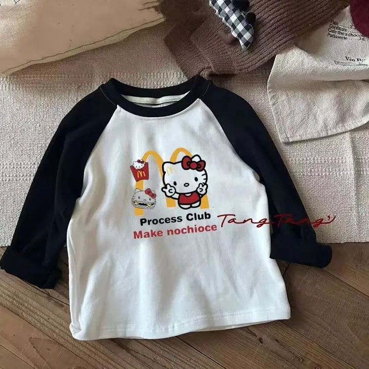 儿童秋装拼色插肩纯棉长袖t恤韩版凯蒂印花洋气女童春秋打底衫潮