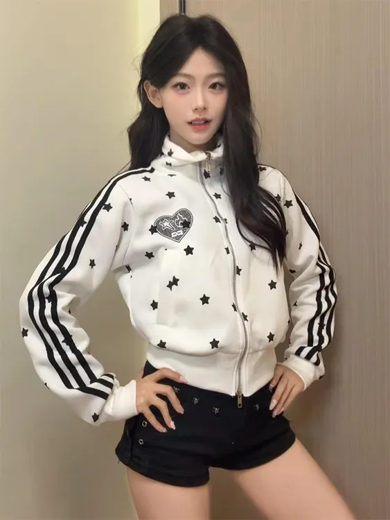 美式复古双拉链卫衣外套女修身显瘦短款潮牌拉链开衫百搭小众上衣