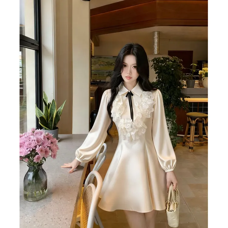 【小美】大码女装露思同款富家千金长袖翻领珠光高级感连衣裙13392