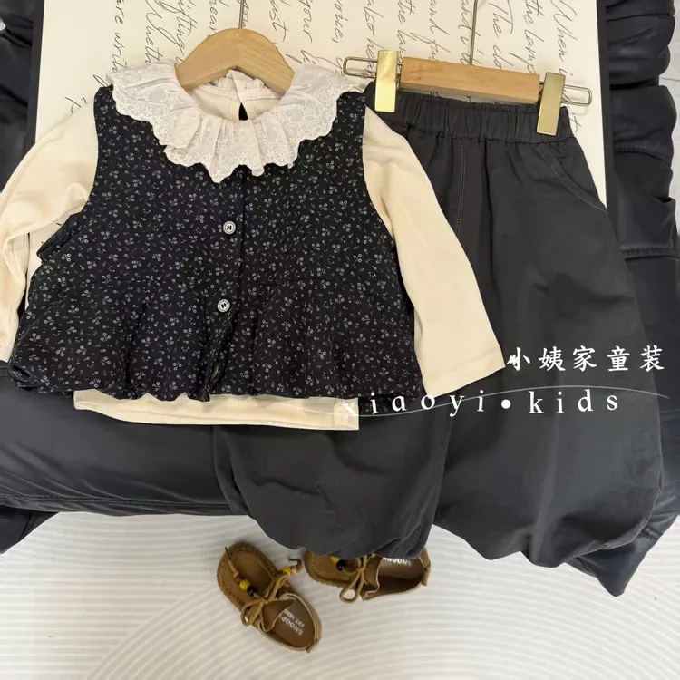 女童韩版亲子款2025秋上新花边打底衫碎花马甲休闲裤套装三件套