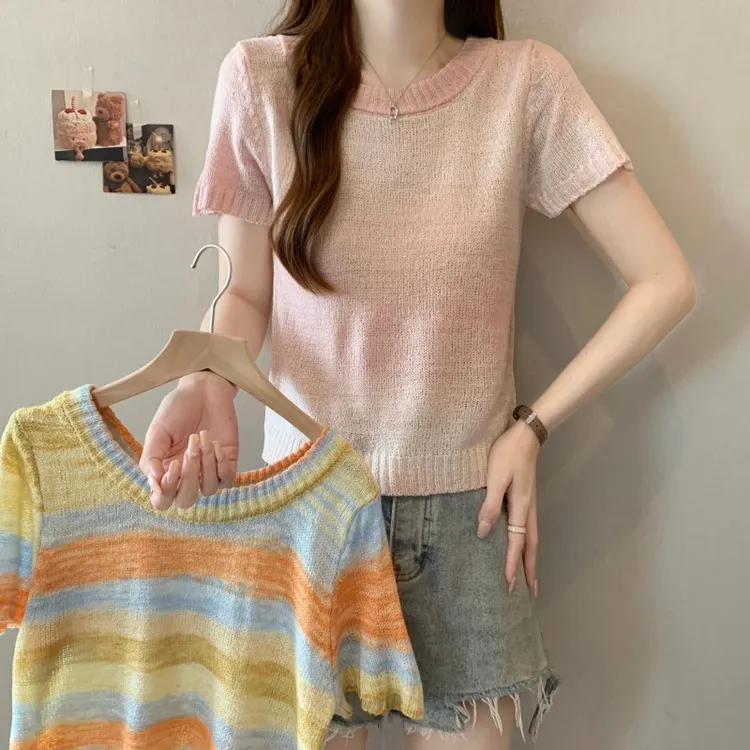 大码多巴胺粉色渐变针织短袖t恤女春夏季新款独特超好看单穿上衣