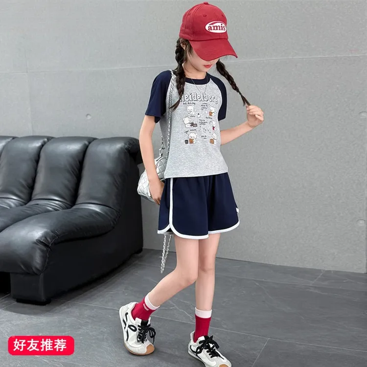 女童短袖短裤套装夏装2025新款儿童夏季休闲运动两件套初中生女孩