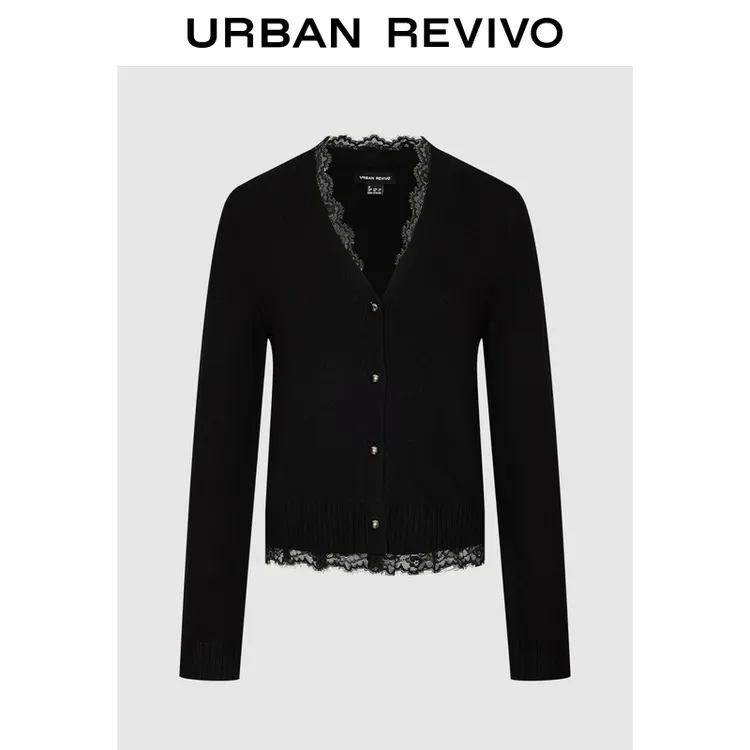 UR2026春季新款女装气质蕾丝V领排扣短款针织开衫UWM950146