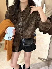 美式复古宽松慵懒豹纹外套女秋季休闲宽松显瘦长袖衬衫7050