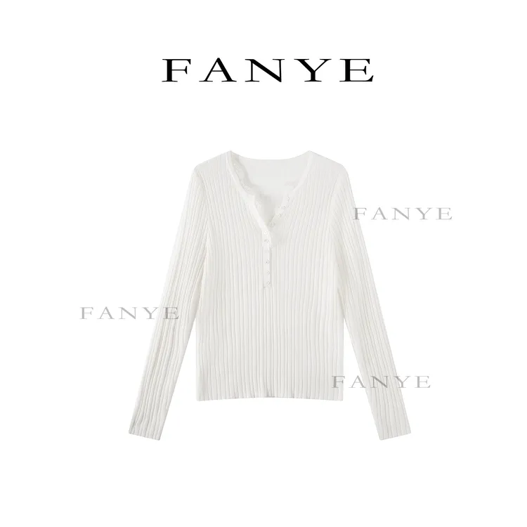 FANYE 2025冬季新款设计感蕾丝拼接V领多色针织衫4250