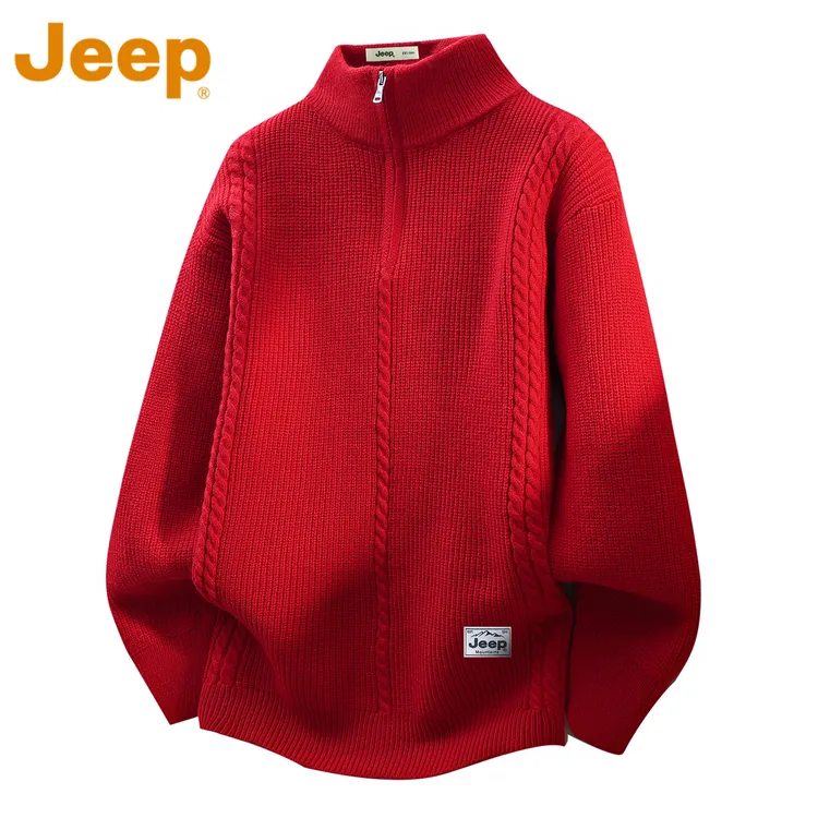 JEEP吉普本命年大红色毛衣冬季男款加厚高级感半拉链针织情侣上衣
