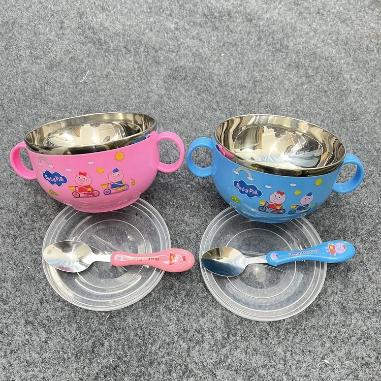儿童304卡通隔热碗婴儿吃饭碗宝宝餐具辅食碗不锈钢防烫碗勺套装