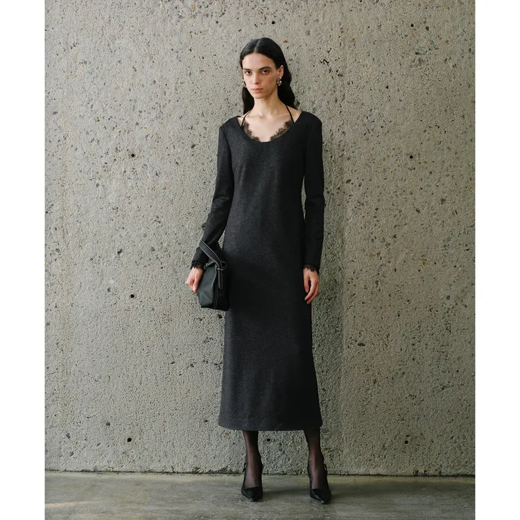 LYNEE【芭蕾裙】新 拼接蕾丝缝制连衣裙女冬羊毛收腰长裙LGD2FAT029