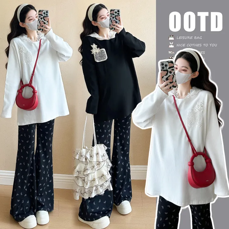 孕妇装春装实拍春季新款连帽蕾丝拼接孕妇打底衫套装两件套