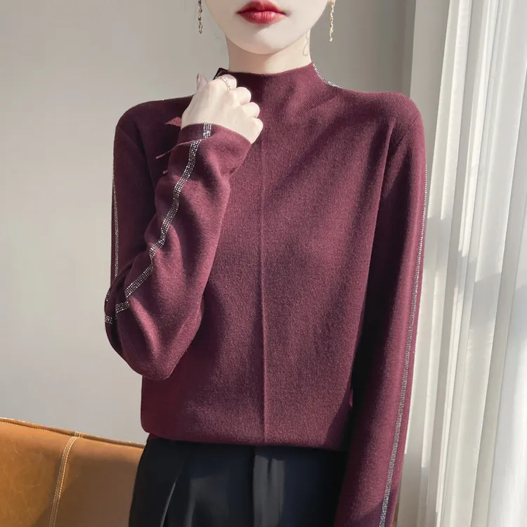 纯100%羊毛衫女款毛衣针织亮钻长袖洋气短款半高领细绵羊毛打底衫