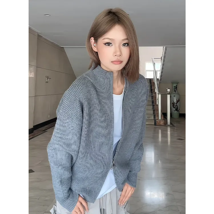 纯色立领毛衣外套男款秋冬季夹克拉链开衫宽松美式休闲潮牌针织衫