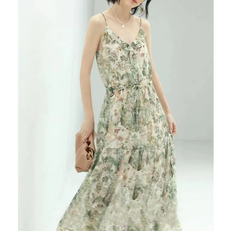 门店64&9！仲夏吊带裙」度假风飘逸碎花显瘦雪纺连衣裙字女 D40127