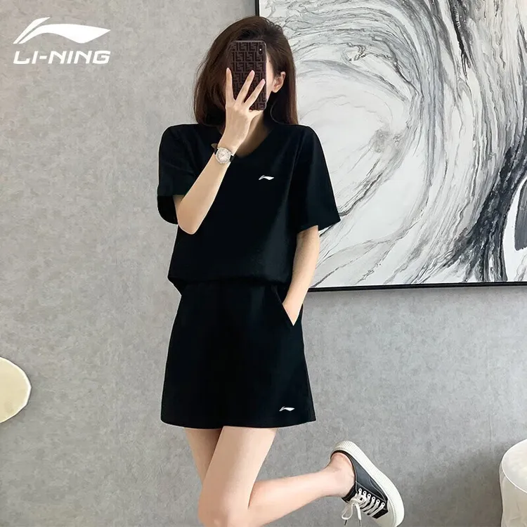 李宁速干运动套装女羽毛球运动服夏季跑步轻薄透气两件套短袖短裤