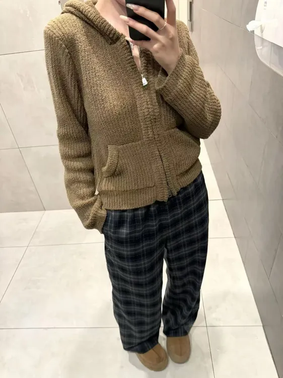 美式复古软糯亲肤连帽外套韩系减龄百搭休闲格纹裤子两件套装