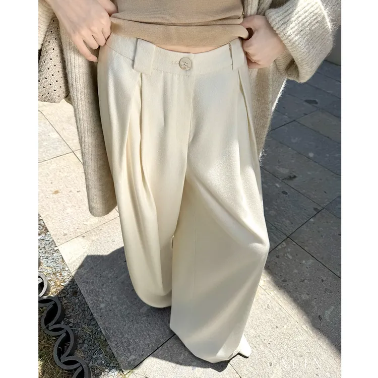 阿琳ALIN【雪融】褶皱羊毛高腰长裤女百搭气质收腰阔腿裤秋AL5GBK10