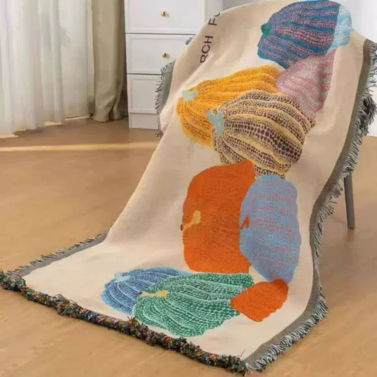 新款南瓜沙发垫编织提花汉麻直排沙发巾双面流苏防滑沙发垫