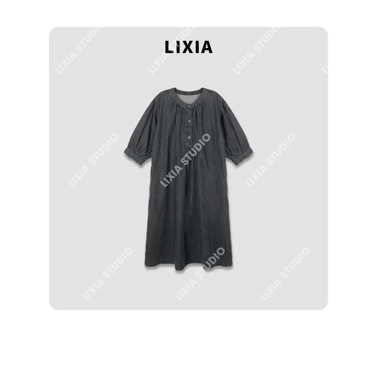LIXIA【老电影裁缝】ins感小众风水洗街头圆领连衣裙-D7800