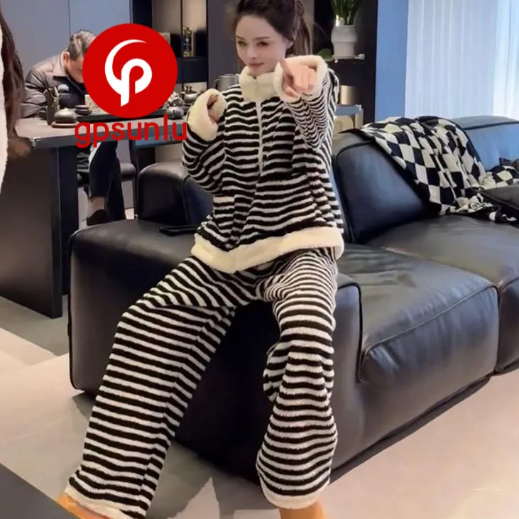 高端小众GP秋冬款保暖睡衣女士韩版时尚风格黑白条纹双面绒家居服