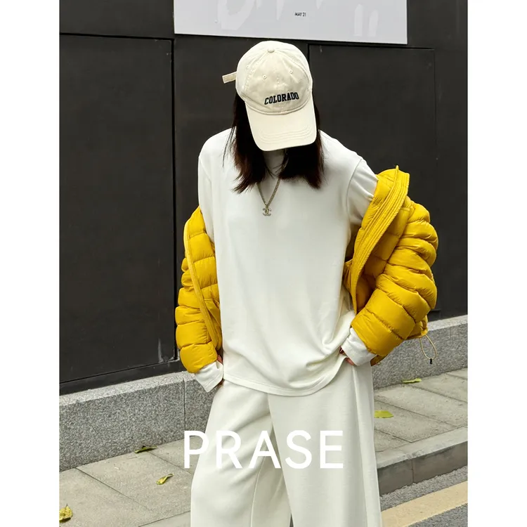 PRASE·噜【白T】微胖保暖长袖圆领休闲百搭针织T恤女PR512C108