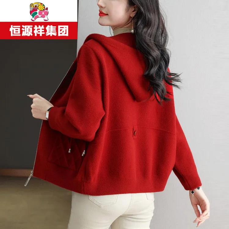 恒源祥彩羊胖mm加大码连帽女士外套百搭短开衫女秋冬双面羊毛大衣