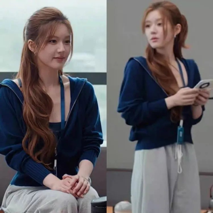 许我耀眼赵露思许妍同款蓝色连帽拉链针织卫衣外套女休闲卫裤套装