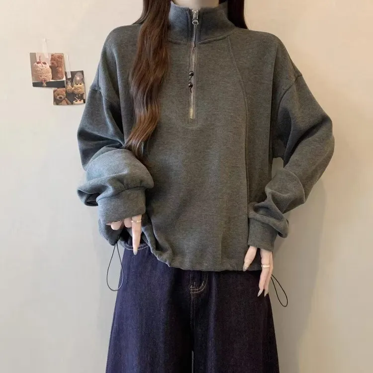 大码女装遮肚子半拉链立领加厚卫衣女胖妹妹宽松显瘦减龄上衣