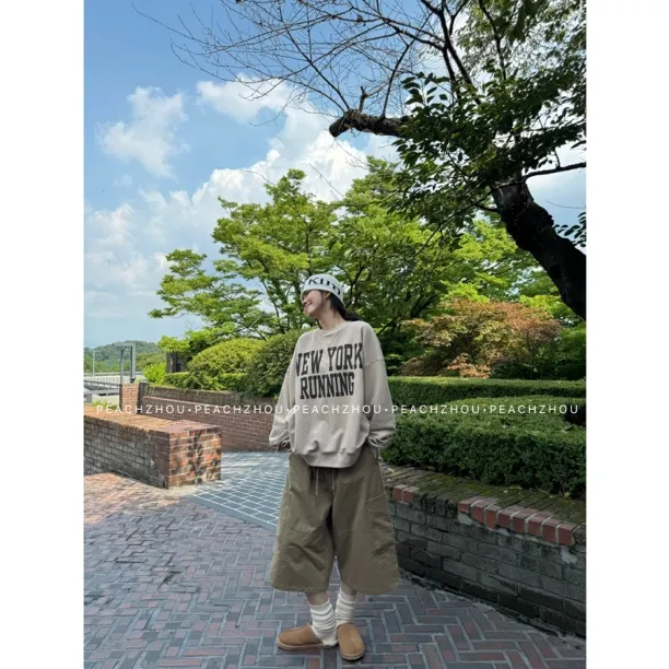 『PEACHZHOU』高密工装口袋压褶宽松休闲松紧系带阔腿老爹七分中裤