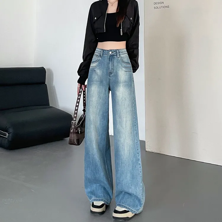 浅色阔腿牛仔裤女高腰宽松垂感显瘦小个子窄版直筒裤春秋2025新款