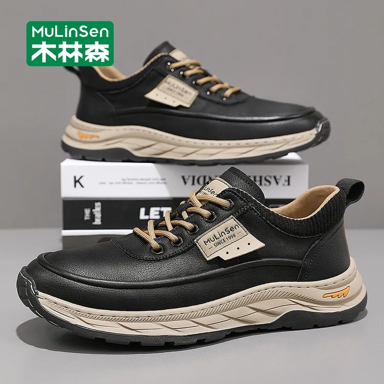 木林森男鞋2025新款秋季工作厚底耐磨防滑皮面百搭运动休闲鞋男款