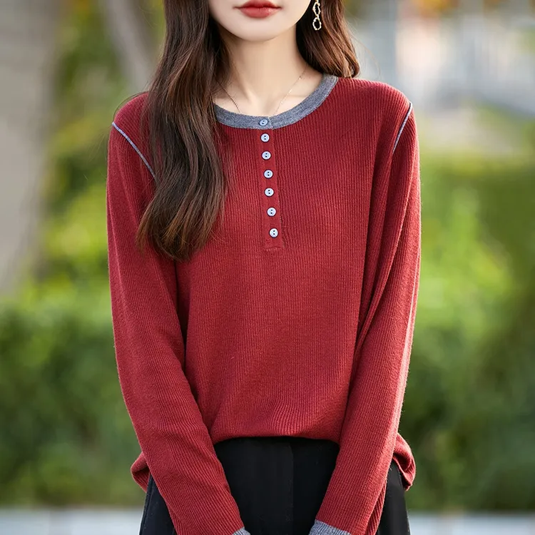 哥弟阿玛施正品文艺新年红坑条毛衣打底衫气质简约通勤长袖针织衫
