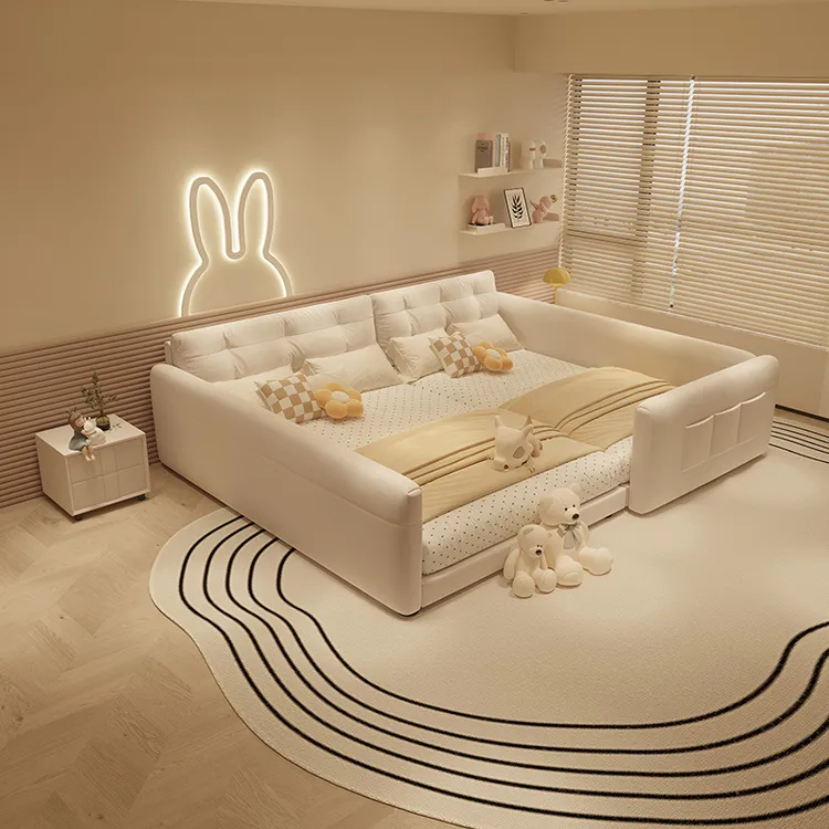 奶油风儿童云朵亲子床加宽一家四口仙女床拼接床二胎榻榻米真皮床