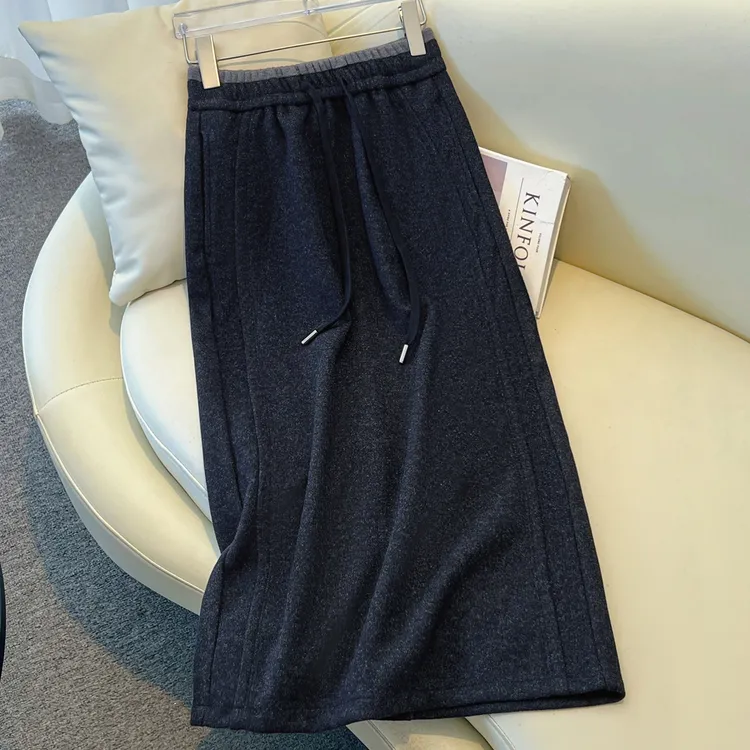 藏青色毛呢半身裙女秋冬季2025新款松紧高腰显瘦直筒裙包臀a字裙