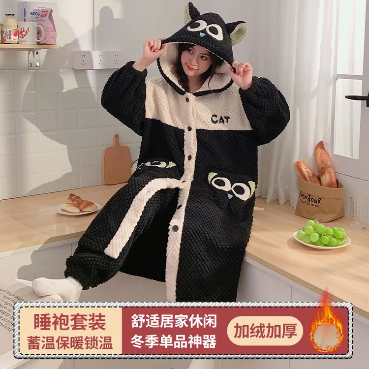睡袍女冬加厚加绒珊瑚绒中长款连帽保暖套装学生卡通法兰绒家居服