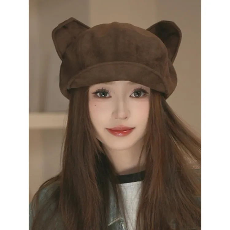 欧蕾美汇日系立体猫耳贝雷帽子女春春季覆古百搭报童帽休闲显脸小