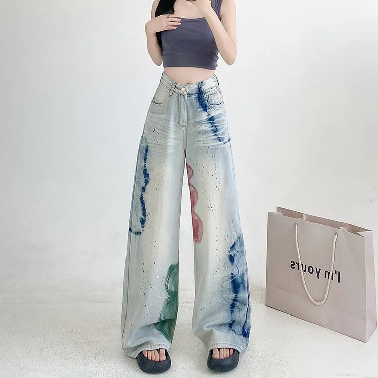 美式彩绘涂鸦阔腿牛仔裤女春季新款高腰宽松设计感小众渐变直筒裤