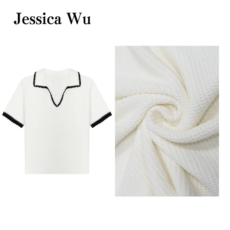 JESSICA WU清爽夏日~小香风手工钩花撞色气质百搭polo领针织短袖