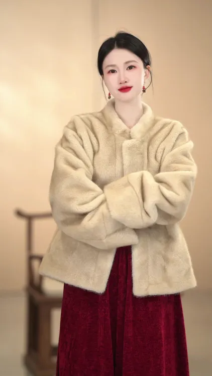 「立领毛毛草」新中式秋冬款气质宽松对襟短外套通勤米黄色立领复古