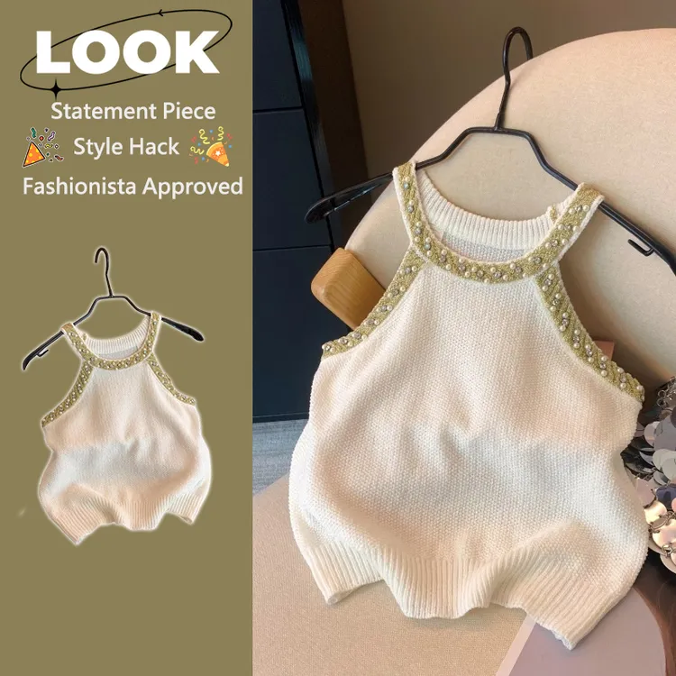 杭州四季青高端爆款法式挂脖无袖针织吊带背心女夏季别致绝美上衣