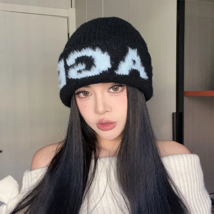 字母秋冬针织帽子韩版保暖帽加绒包头帽日系冬季女款帽子时尚百搭