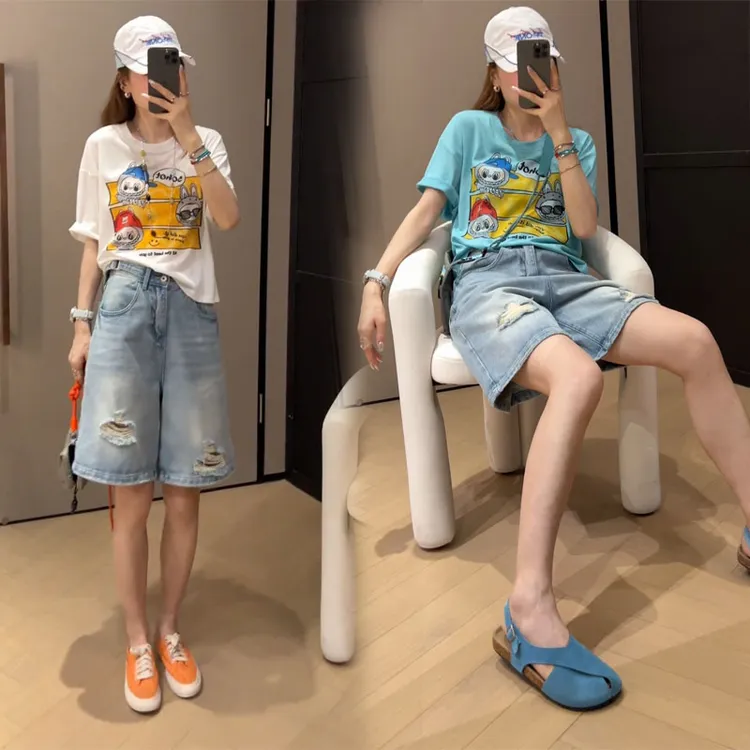 2025夏季卡通印花圆领短袖t恤高腰牛仔中裤显瘦松弛感盐系两件套