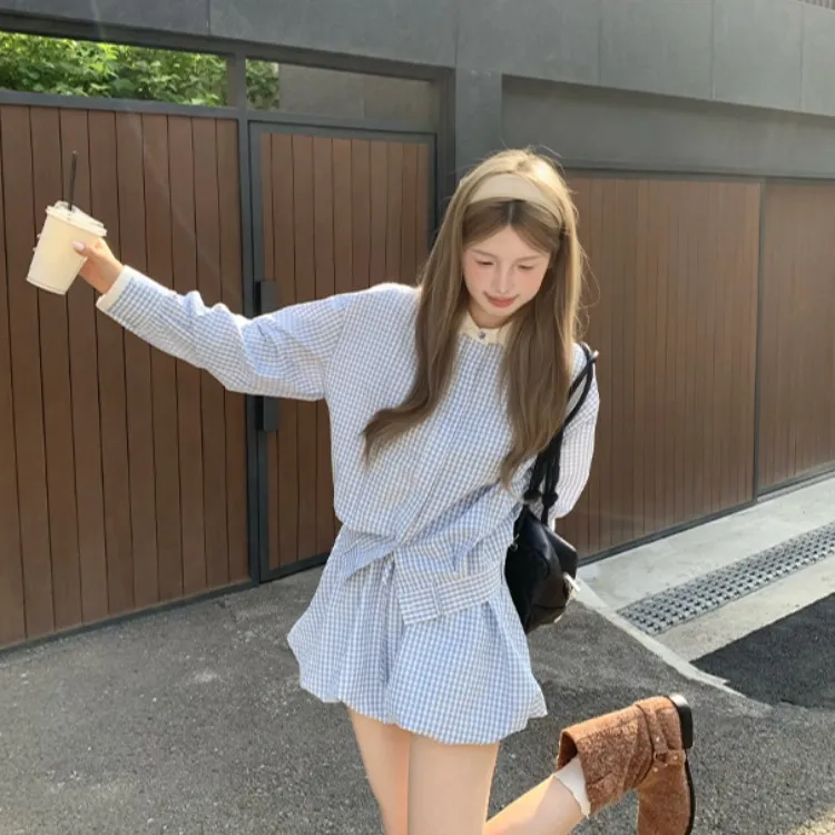 aaaaxbbb冷调锡蓝蓝格子套装翻领衬衫花苞裙短裙撞色系带上衣女