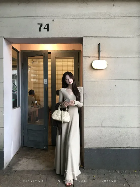 EIA一尧【茶香可颂】韩系氛围感气质姐姐长袖连衣裙显瘦遮肉大摆裙