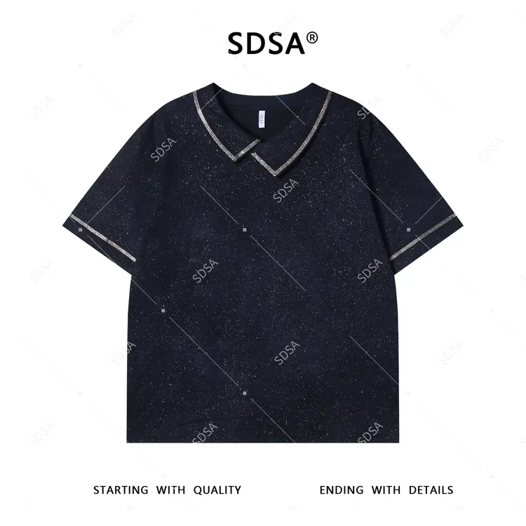 夏季高级感新款男士美式满天星翻领烫钻短袖T恤百搭时尚显瘦上衣