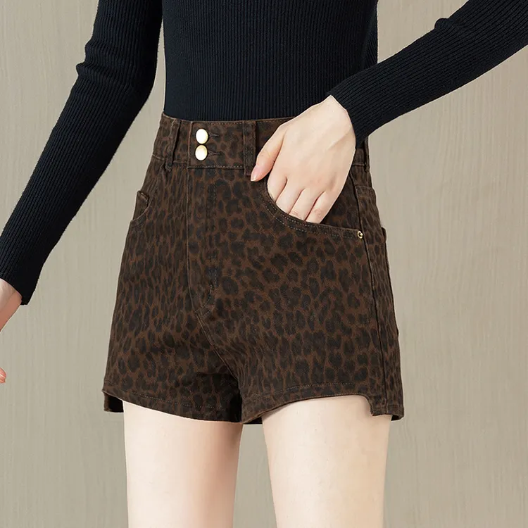 个性豹纹咖色牛仔短裤女春夏秋冬时尚洋气辣妹风弹力A字包臀靴裤
