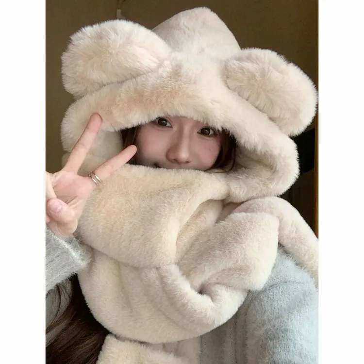 小熊帽女秋冬季毛绒帽加厚保暖围巾手套帽子女2025新款爆款洋气
