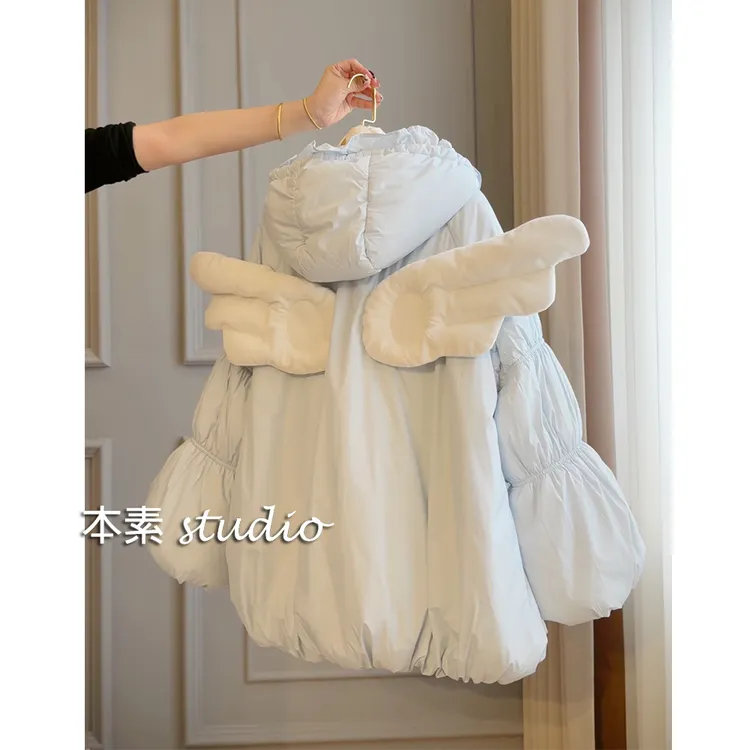 天使的翅膀Y4100夹棉可脱卸天使翅膀毛球抽绳连帽棉衣