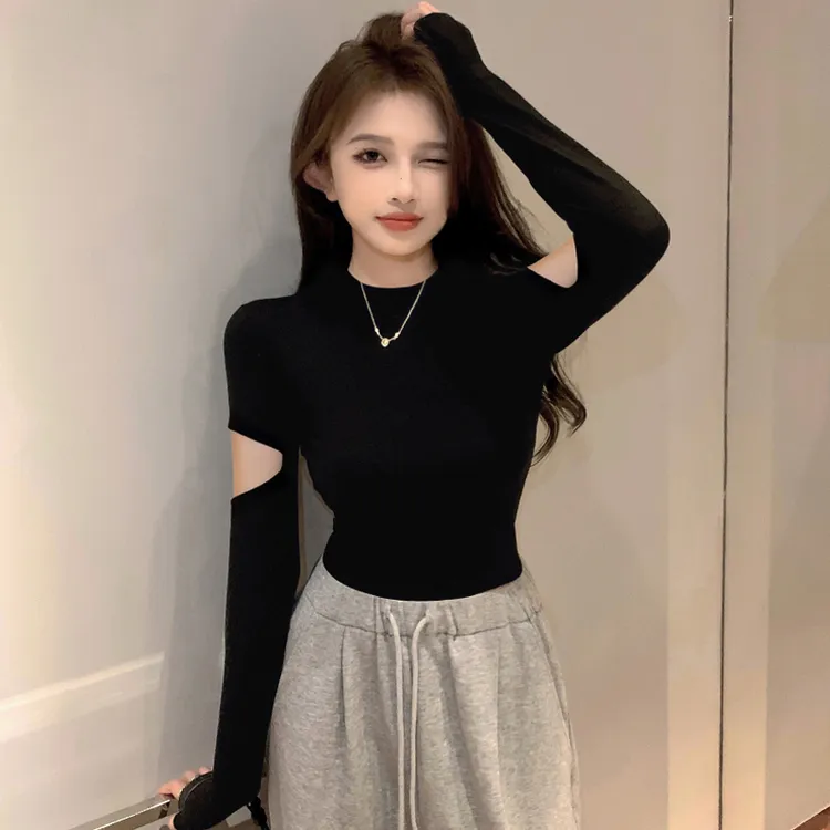 纯欲风缕空半高领气质短款破洞纯色系上衣女修身时尚打底衫内搭女
