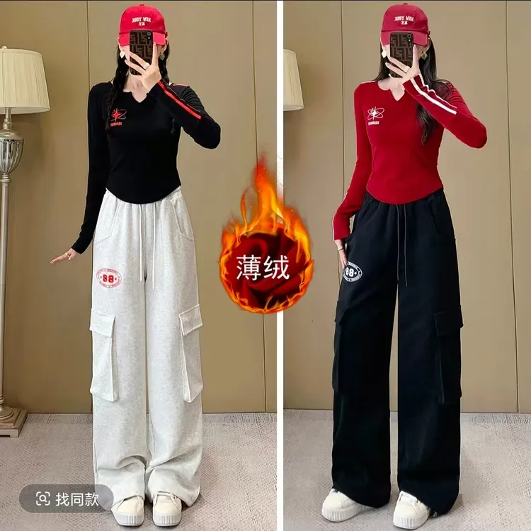 （广东品牌）2512款磨毛厚款休闲运动爆款杆条时尚T恤秋冬加绒洋气